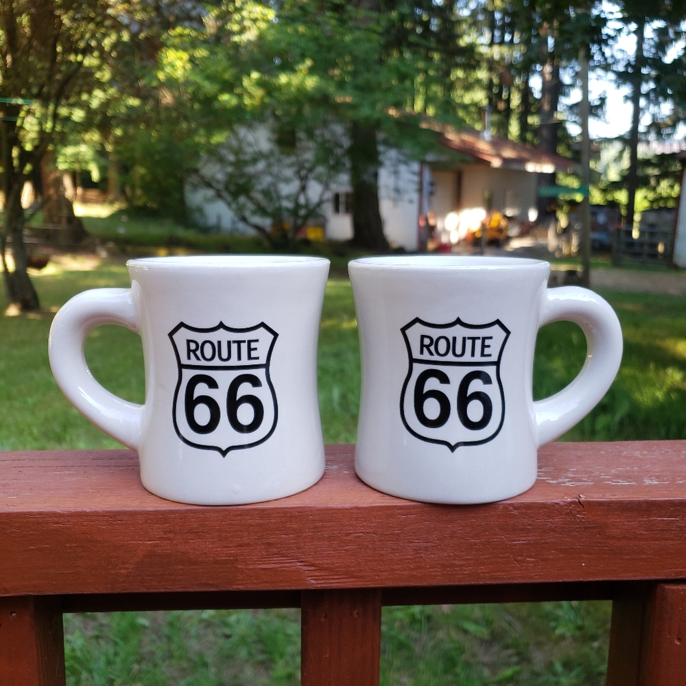 (2) Route 66 Diner Style Coffee Mugs (Off White With Black Image)